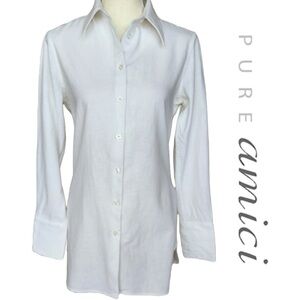 Pure Amici Classic White Linen Long Tunic Button Up Shirt Round Hem Refined Sz S
